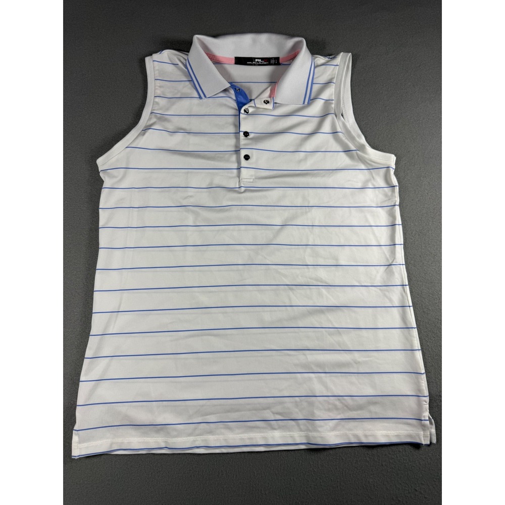 RLX Ralph Lauren Womens Sleeveless‎ Polo Shirt Large White Blue Striped Golf Top